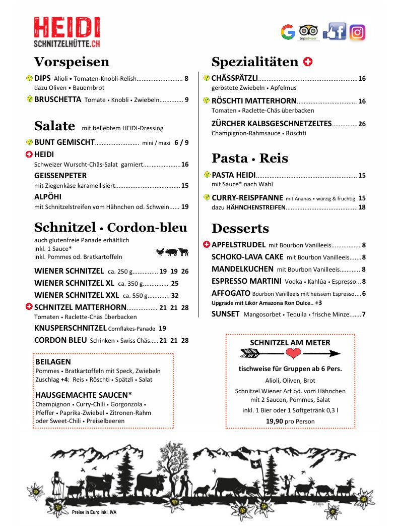 Speisekarte Heidis Schnitzelhütte